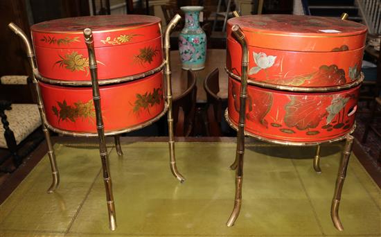 Two red lacquer boxes on gilt metal stands